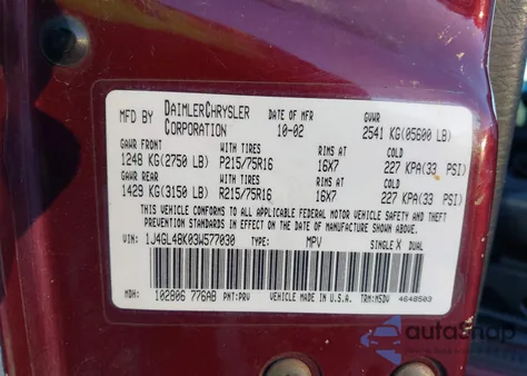 2003 Jeep Liberty Sport из США, поврежденный, VIN 1J4GL48K03W577030